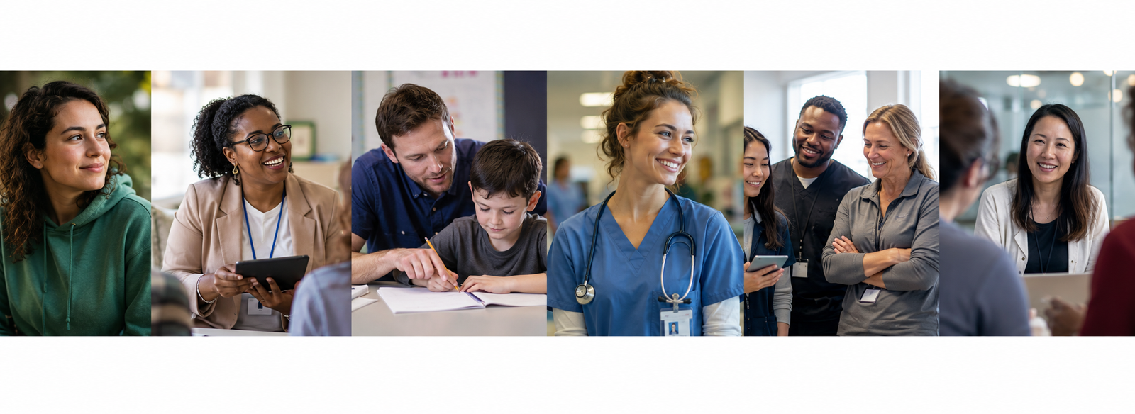Banner with photos of people interacting and smiling